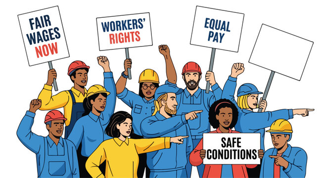 Diverse group of workers protesting for fair wages and equal pay