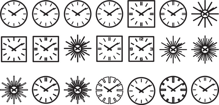 A set of various clock faces in simple line art, with a focus on shapes and time-telling. 
