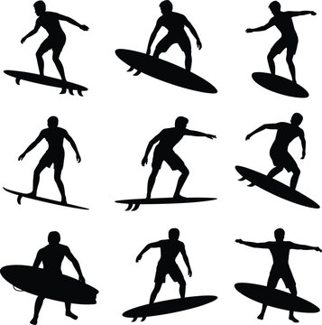 Black silhouette of diverse people running and jumping in various dynamic poses