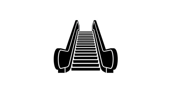 A black and white icon of an escalator moving upwards on a.