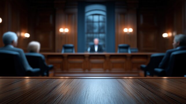 Court hearing in progress viewed from the audience perspective, judge and lawyers in focus