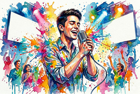 Male Singer Performing on Stage with Colorful Music Energy