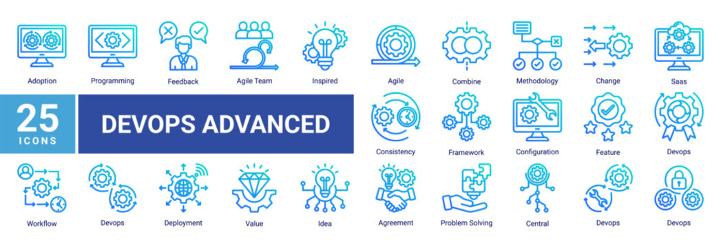 Advanced DevOps icon set including agile team,cloud saas,configuration,workflow integration and continuous improvement for scalable software engineering and system architecture