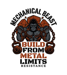 Fototapeta premium Powerful gorilla dressed in mechanical armor holding heavy chains and kettlebells with motivational text about strength and resistance vintage gym t-shirt design
