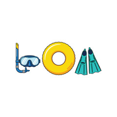 Summer swim equipment vector illustration with snorkel, goggles, float ring, and flippers © azad