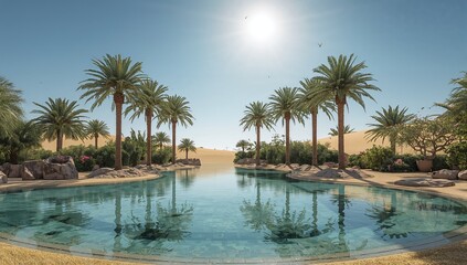 Obraz premium Relaxing Pool with Palm Trees in Desert Oasis Under Bright Sun