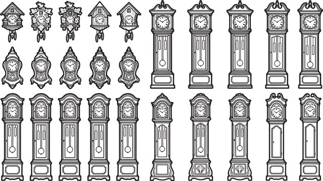 A collection of clocks and antique longcase clocks, showcasing a variety of traditional timekeeping instruments.