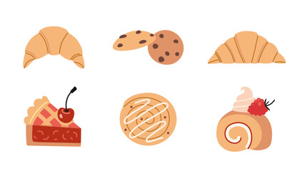 Bakery set with croissant, cookie, cinnamon roll and pie. Sweet pastry collection for cafe menu, dessert design and confectionery concept. Trendy modern vector illustration, flat design