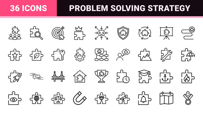 Business solution and strategy puzzle line icon set