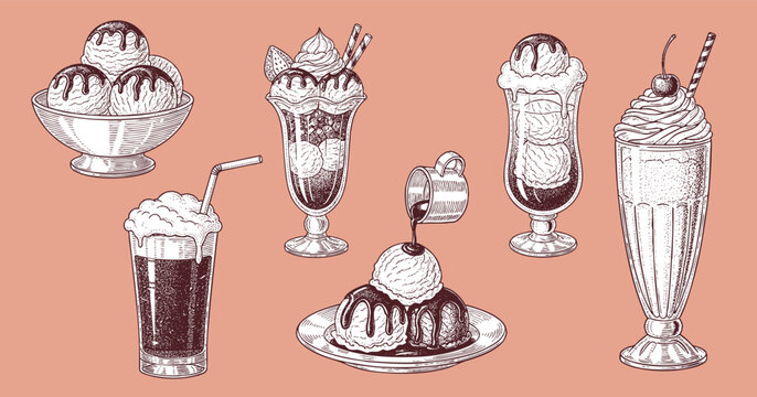 Vector vintage ice cream set for creative design. Different types of ice cream. Dessert, sweets, menu design, restaurant, shop. Isolated on white background. Vector illustration