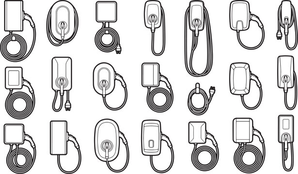 A collection of charging stations for electric vehicles. Showcasing different styles and designs in a sleek, minimalist illustration.