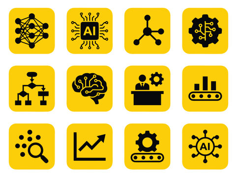 Set of Artificial Intelligence and Machine Learning Technology Icons.