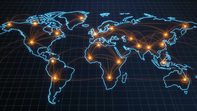 A digital world map glows with neon blue outlines of continents against a dark grid background. Bright orange nodes are connected by luminous lines, symbolizing global communication, data exchange, an