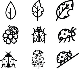 Obraz premium Black and white illustrations of ladybugs and leaves on white background