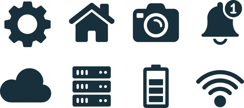 Collection of dark interface icons featuring gear home camera notification cloud server battery and wifi symbols