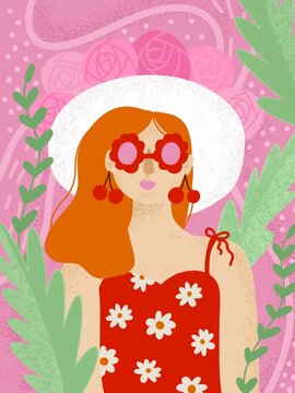 Young woman smiling, embracing summer style with a vibrant outfit and playful accessories, capturing a joyful and feminine energy