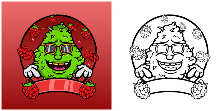 Raspberries Flavor with Weed Mascot Cartoon. Weed Design For Logo, Label and Packaging Product.