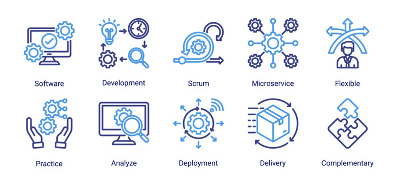 DevOps development icon set with microservices,agile scrum,software deployment and delivery workflow for continuous integration process
