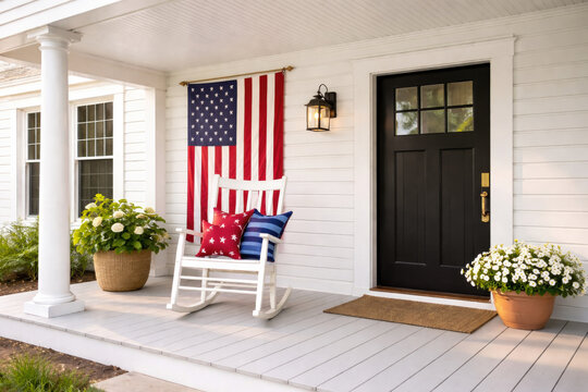 Cozy home porch decorated with an American flag, rocking chair, and potted flowers, symbolizing patriotism, comfort, and classic residential style.
