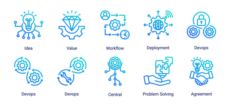 DevOps integration icon set featuring workflow,problem solving,centralized system and deployment process for efficient digital infrastructure