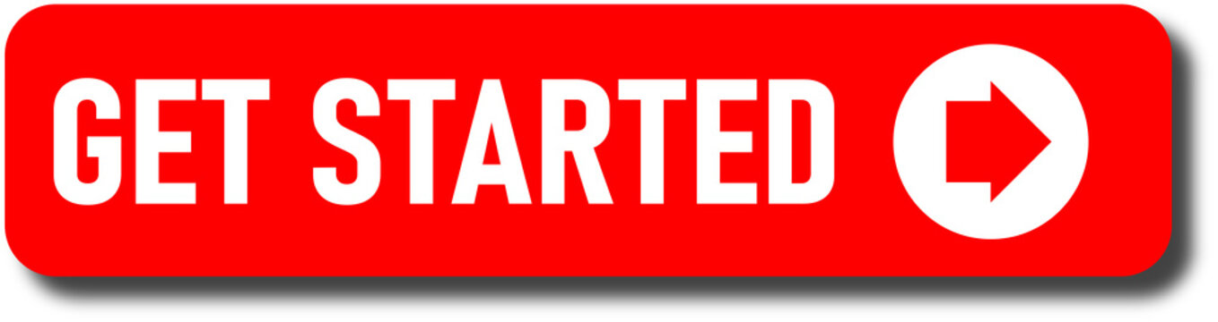 Red button with get started text and arrow graphic isolated on transparent background