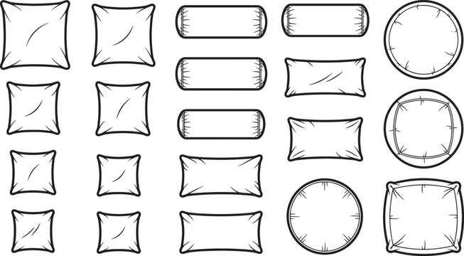 A collection of various pillow shapes, meticulously drawn in a minimalist, black and white style, showcasing a range of shapes and sizes for design versatility.