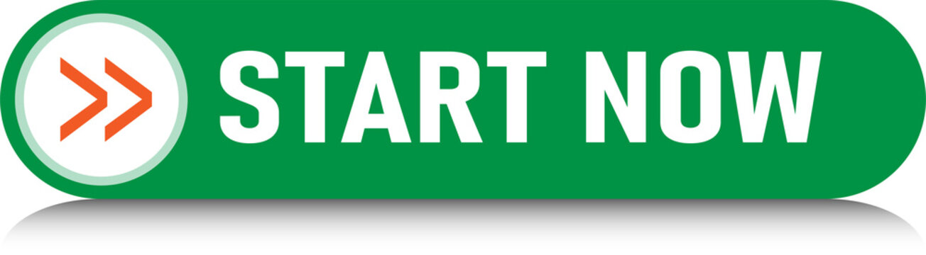 Bright green call-to-action button labeled start now with arrow icons isolated on transparent background