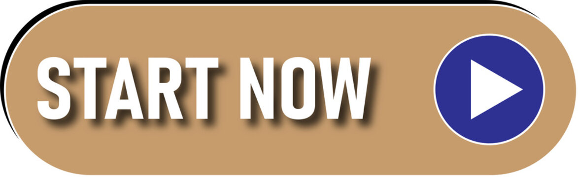 Bright orange call-to-action button with start now text and play icon isolated on transparent background