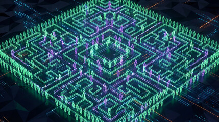 Obraz premium Digital maze with crowd of glowing figures navigating paths. Futuristic technology concept for problem solving and data navigation in virtual world.