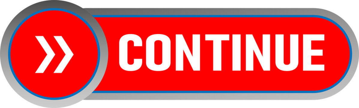 Red button with continue text and right arrow icon isolated on transparent background