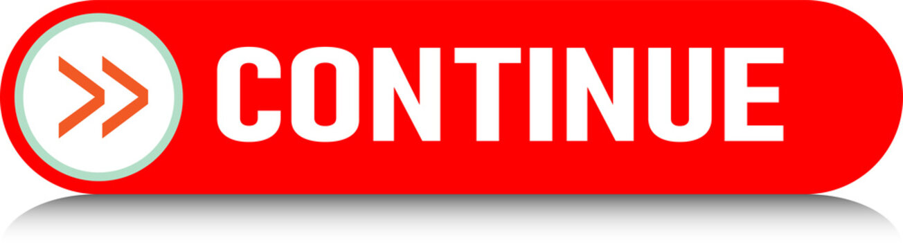 Red continue button with white arrow icon and text isolated on transparent background