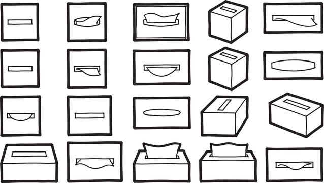 A pattern of tissue boxes displayed in a graphic illustration, showcasing diverse shapes and designs in a monochromatic array.