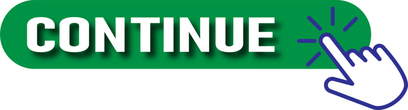 Green continue button with a finger pointing at it for user interaction isolated on transparent background