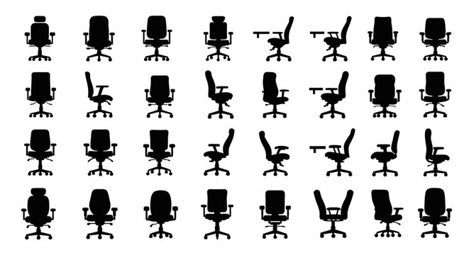 Collection of office chairs in various positions and angles on white background
