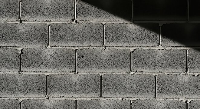 Rough gray concrete block wall with visible cement lines and a dramatic diagonal shadow across its surface
