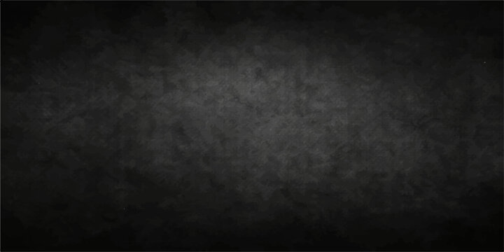 A dark and aged grunge wall background features a black textured concrete surface with an empty vintage frame and dirty gray chalkboard pattern for a blank design backdrop
