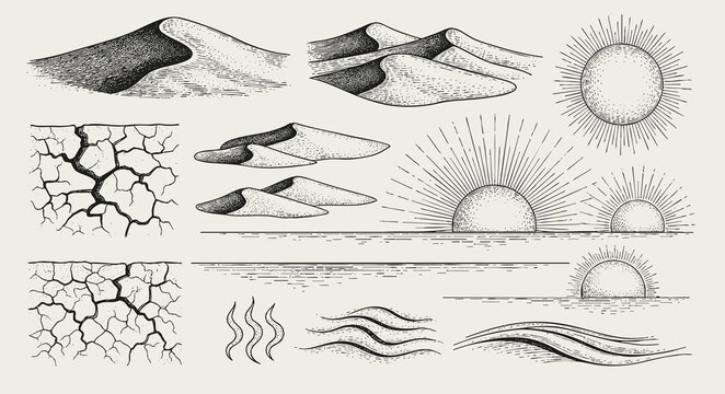 Hand-drawn desert elements collection. engraving illustration