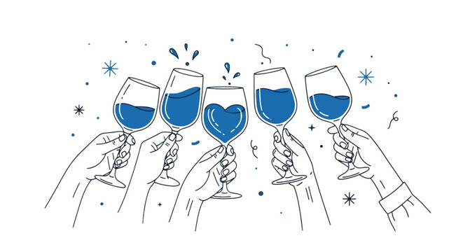 Minimalist line art illustration of hands toasting with wine glasses, blue liquid and heart shape, celebratory party cheers vector