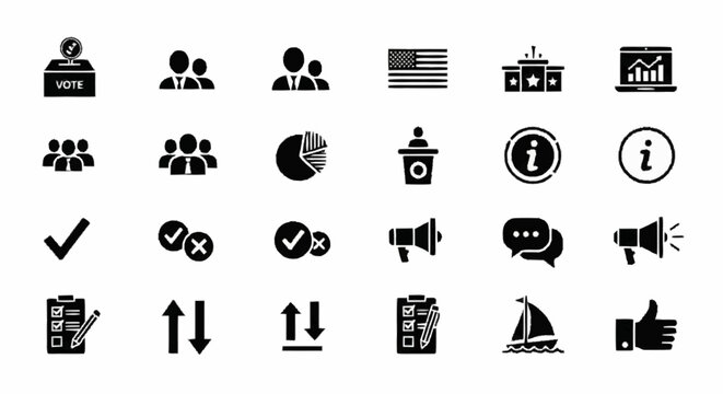 Collection of 24 black flat icons on white background featuring political election and business elements including voting boxes, American flag, podiums, megaphones, charts, and candidate symbols.