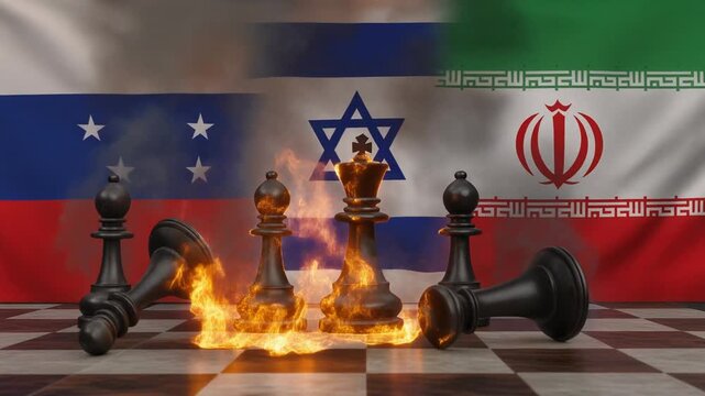 On a burning chessboard, toppled pieces surround a lone king marked with the Star of David&mdash;flags of Russia, Israel, and Iran frame strategic conflict.