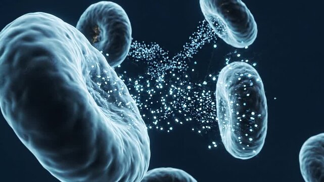 Cinematic premium footage showcasing translucent INTERLEUKIN molecules and cellular immune signaling in a biological environment, illustrating microscopic processes