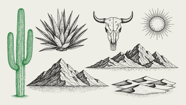 Hand-drawn desert elements collection with cactus, agave, bull skull, mountains, sand dunes, and sun in a retro black and white engraving sketch style