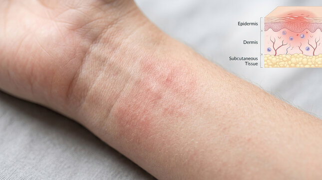 Skin rash wrist dermatitis eczema allergy redness irritation inflamed itchy skin care, closeup photo of red irritated patch human wrist with medical skin layer diagram showing epidermis dermis