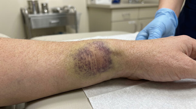 Forearm bruise wrist injury medical exam arm ecchymosis hematoma contusion swelling patient healthcare forearm bruise near wrist during medical exam patient arm, ecchymosis and hematoma with