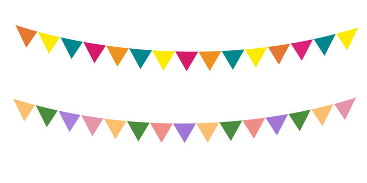 Colorful pennant bunting flags with confetti on transparent background, festive carnival decoration illustration. Vibrant celebration banner perfect for party, festival, birthday, and holiday design.