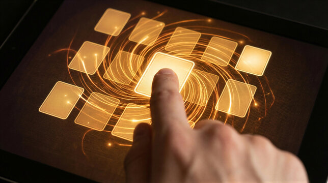Hand touching glowing central square on tablet screen. Digital user interface with swirling lights and icons. Futuristic technology interaction and app selection concept