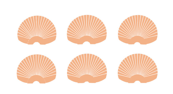 Minimalist seashell vector set, 6 peach scallop shell icons, elegant coastal design elements for summer branding and beach wedding stationery