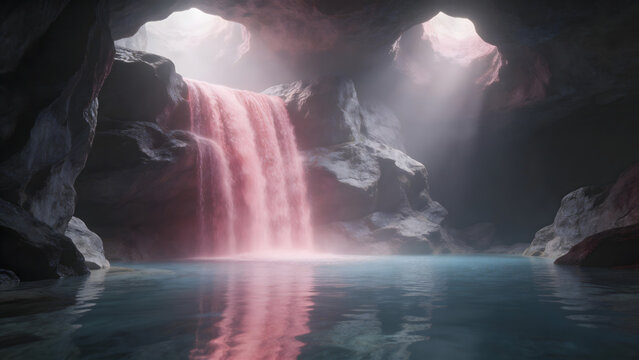 Cave with pink waterfall and pool
