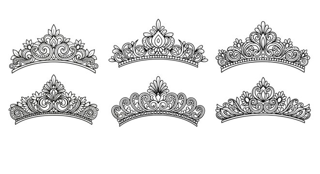 Elegant tiara vector set with 6 royal crown icons, ornate bridal headpiece illustrations, black and white filigree jewelry designs for wedding decor