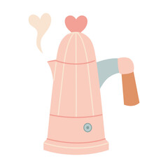 Retro style moka pot coffee maker with heart decoration and steam. Cute pink kitchen appliance for home brewing concept. Trendy modern vector illustration isolated on white, hand drawn, flat design